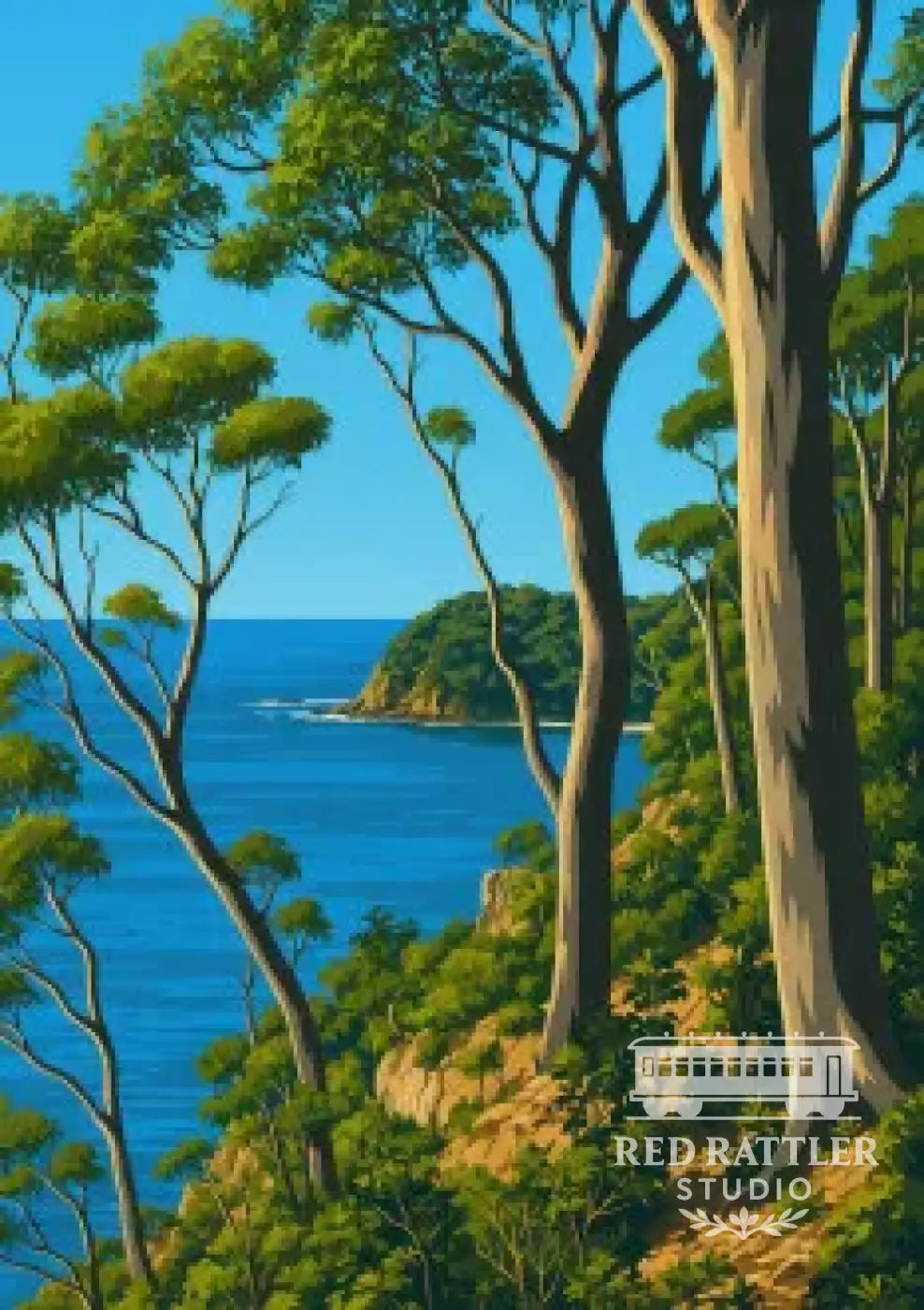 Coastal View through Eucalyptus Trees – Munjip Trail Lilli Pilli (Size A2 Printed on Metal) Metal Print