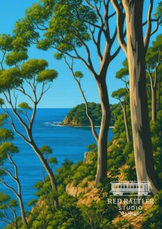 Coastal View through Eucalyptus Trees – Munjip Trail Lilli Pilli (Size A2 Printed on Metal) Metal Print